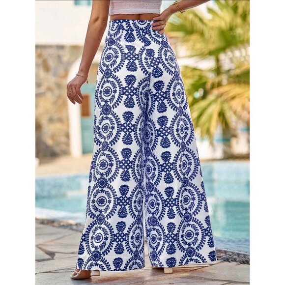 High waisted wide leg pants boho gypsy print blue white greek - Picture 2 of 4